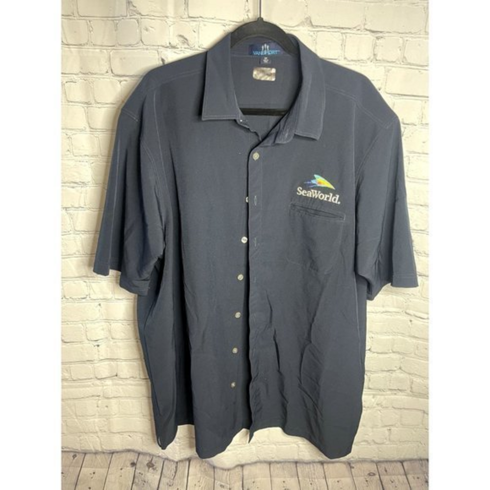VANSPORT MENS NAVY BLUE SEAWORLD BUTTON FRONT SHORT SLEEVE SHIRT‎  SZ (2X)   EUC